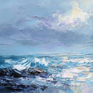 Impasto Textured Lighthouse Oil Painting, Abstract Blue Seascape Wall Art, Original Rocky Coastal Wave On Canvas, Nautical Marine Home Decor
