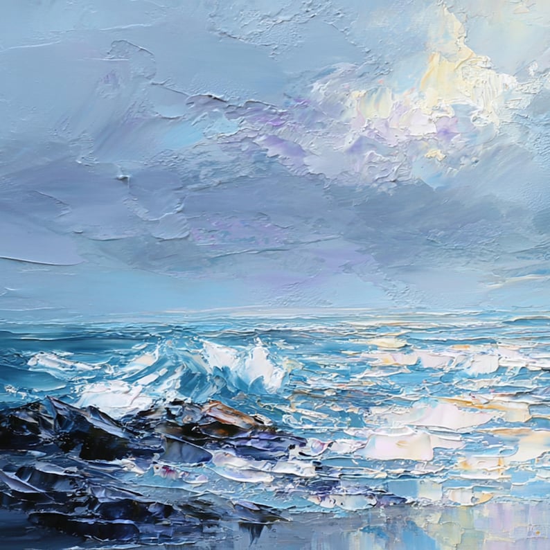Impasto Textured Lighthouse Oil Painting, Abstract Blue Seascape Wall Art, Original Rocky Coastal Wave On Canvas, Nautical Marine Home Decor