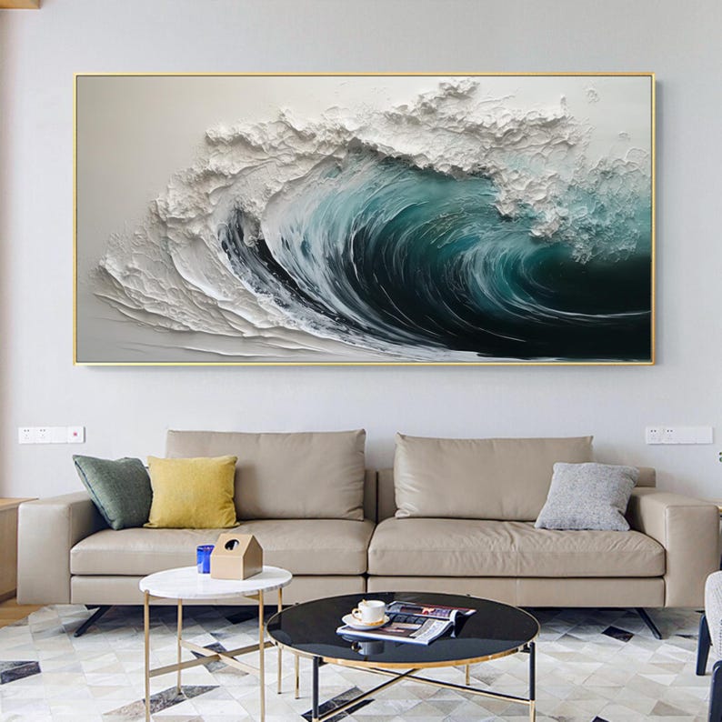 This Hand-painted 3D Textured Ocean Waves Painting captures the dynamic beauty of the sea with abstract impasto white waves. Its bold texture and calming hues create a stunning focal point, perfect for living room or coastal-inspired home décor. A true original seascape wall art piece.