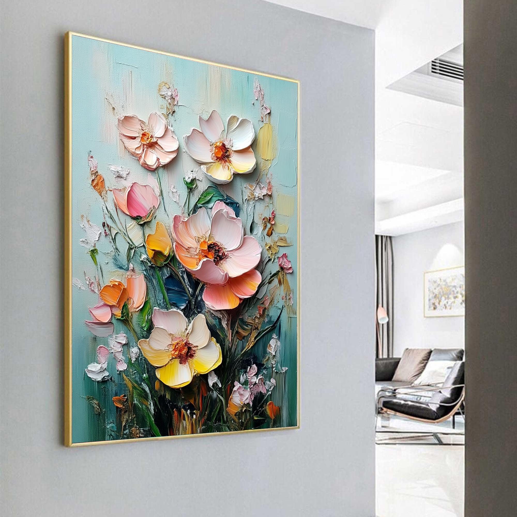 キャンバスに描かれたテクスチャードフラワーの油絵、鮮やかな色彩の花