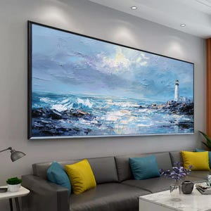 Impasto Textured Lighthouse Oil Painting, Abstract Blue Seascape Wall Art, Original Rocky Coastal Wave On Canvas, Nautical Marine Home Decor