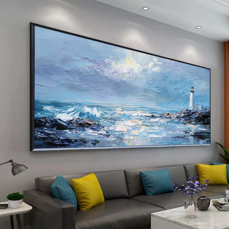 Impasto Textured Lighthouse Oil Painting, Abstract Blue Seascape Wall Art, Original Rocky Coastal Wave On Canvas, Nautical Marine Home Decor