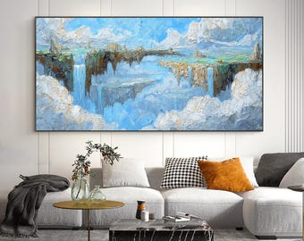 Magical Floating Island Oil Painting, Surreal Waterfall Impasto Wall Art, Thick Textured Blue Sky On Canvas, Unique Dreamy Clouds Home Decor