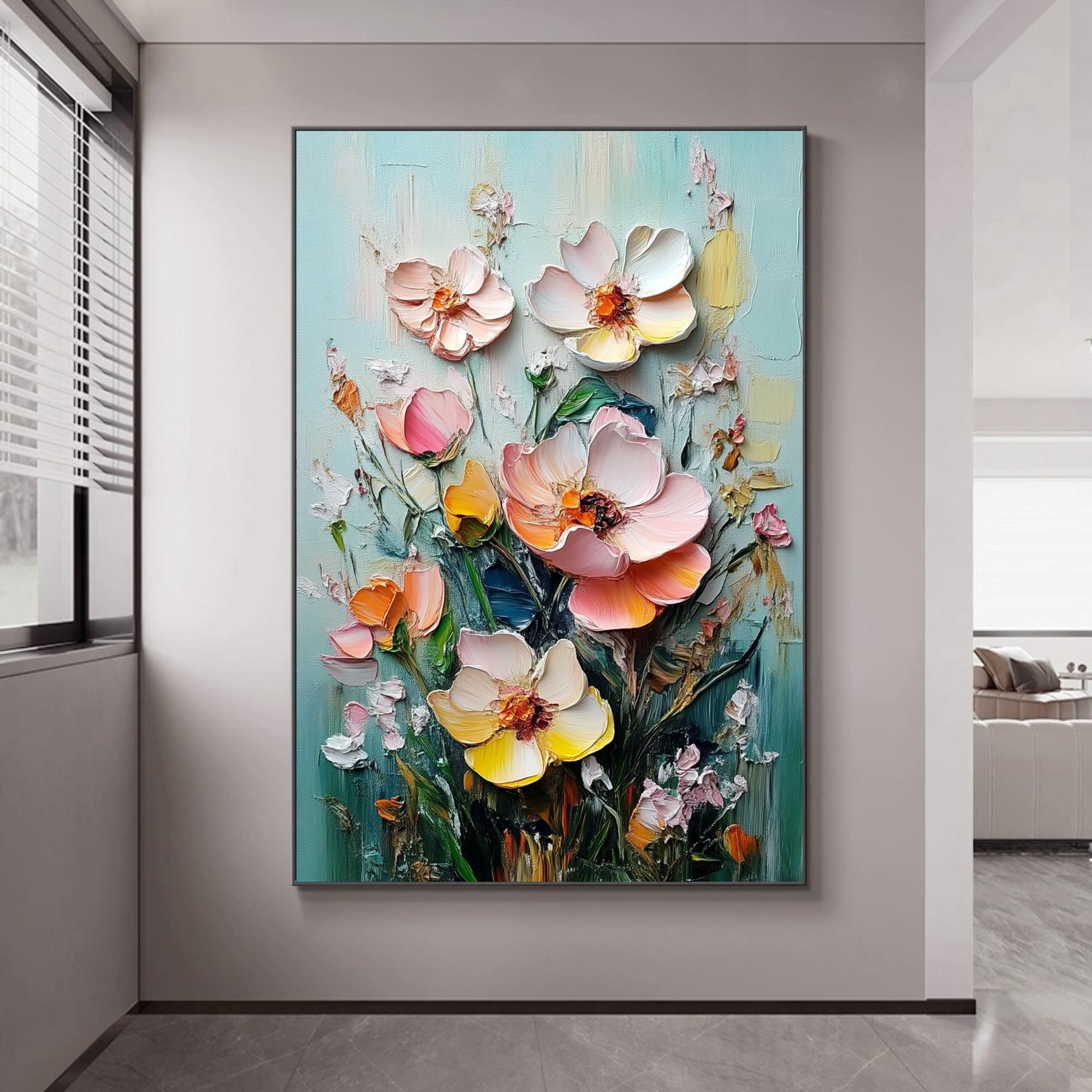 キャンバスに描かれたテクスチャードフラワーの油絵、鮮やかな色彩の花