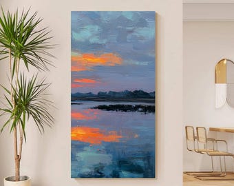 Original River Sunset Oil Painting, Abstract Water Reflection Wall Art, Textured Marshland Home Decor, Beautiful Nature Landscape Canvas Art