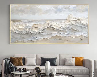 3D Impasto Ocean Waves Oil Painting, Abstract Seascape Canvas Art, Beach House Decor
