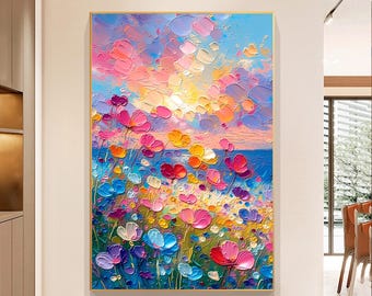 Colorful Floral Meadow Oil Painting, Bright Sunset Seascape Wall Art, Textured Summer Blossoms Home Decor, Coastal Landscape Canvas Artwork