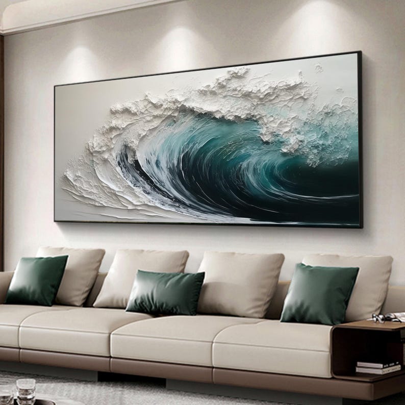 This Hand-painted 3D Textured Ocean Waves Painting captures the dynamic beauty of the sea with abstract impasto white waves. Its bold texture and calming hues create a stunning focal point, perfect for living room or coastal-inspired home décor. A true original seascape wall art piece.