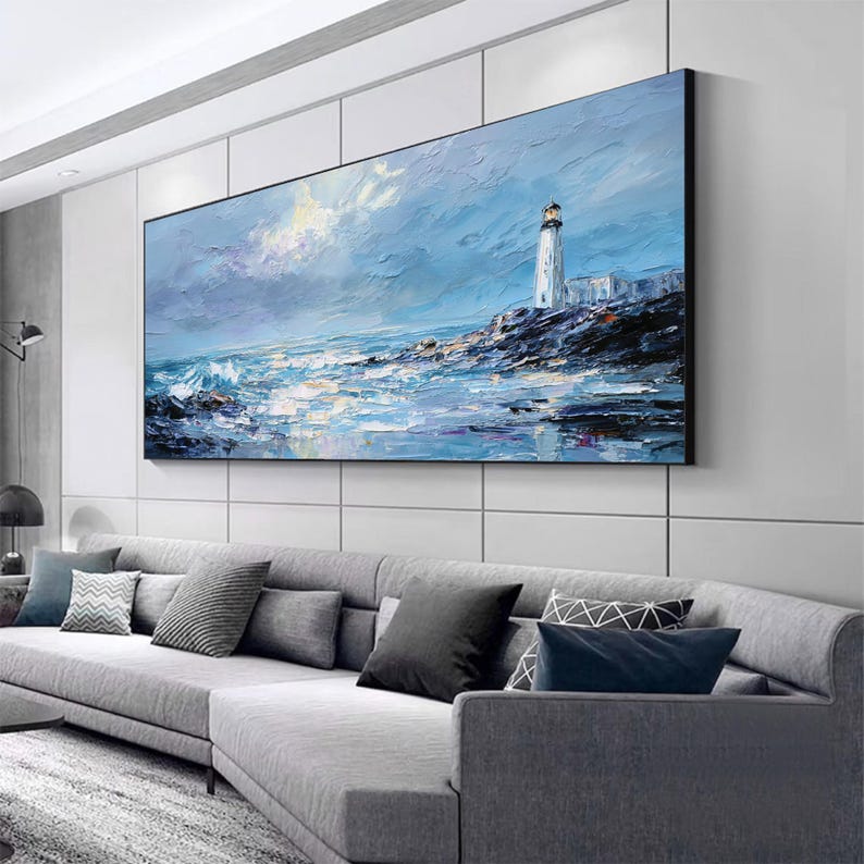 Impasto Textured Lighthouse Oil Painting, Abstract Blue Seascape Wall Art, Original Rocky Coastal Wave On Canvas, Nautical Marine Home Decor