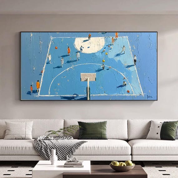 Hand-painted Basketball Game Oil Painting, Abstract Basketball Court Canvas Art, Basketball Sports Wall Decor, Gifts for Basketball Lovers