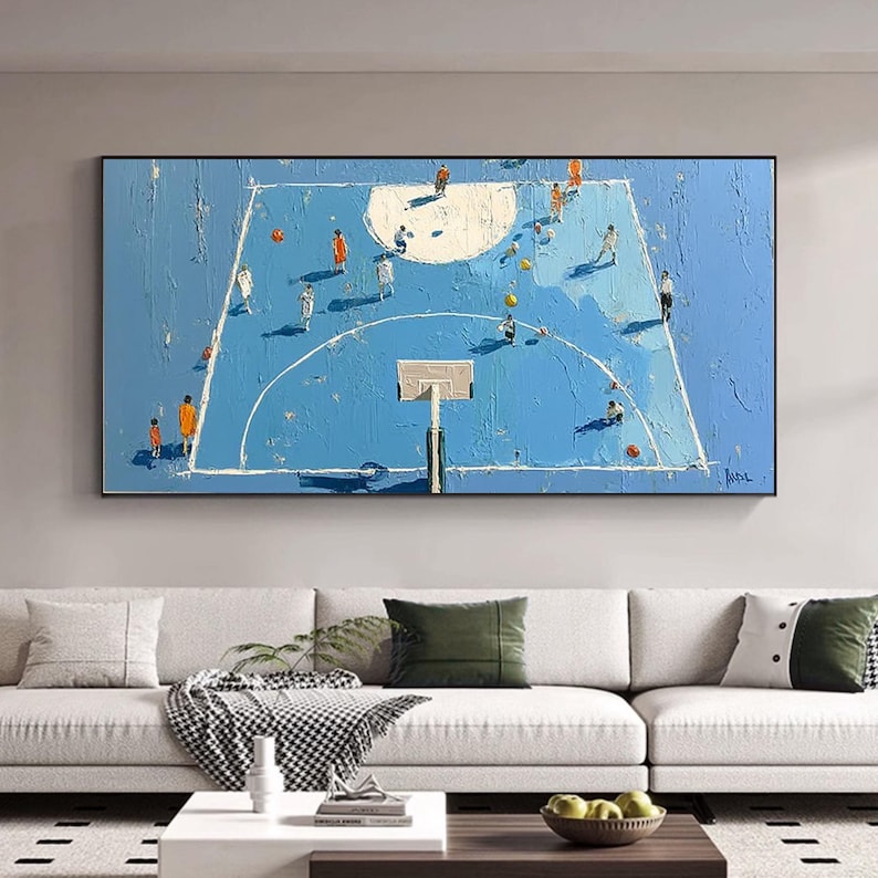 This hand-painted basketball game oil painting captures the energy and excitement of a basketball court. The abstract design brings dynamic movement to your space, making it an ideal wall decor for basketball lovers. A perfect gift for sports enthusiasts to brighten up any room with passion and energy.