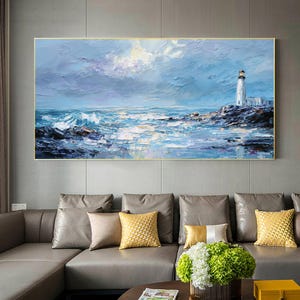 Impasto Textured Lighthouse Oil Painting, Abstract Blue Seascape Wall Art, Original Rocky Coastal Wave On Canvas, Nautical Marine Home Decor