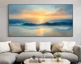 Abstract Sunset Seascape Oil Painting, Modern Ocean Waves Canvas Art