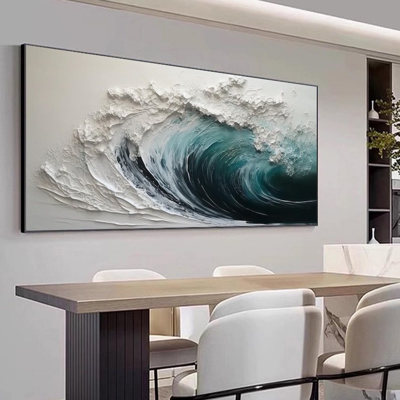 This Hand-painted 3D Textured Ocean Waves Painting captures the dynamic beauty of the sea with abstract impasto white waves. Its bold texture and calming hues create a stunning focal point, perfect for living room or coastal-inspired home décor. A true original seascape wall art piece.