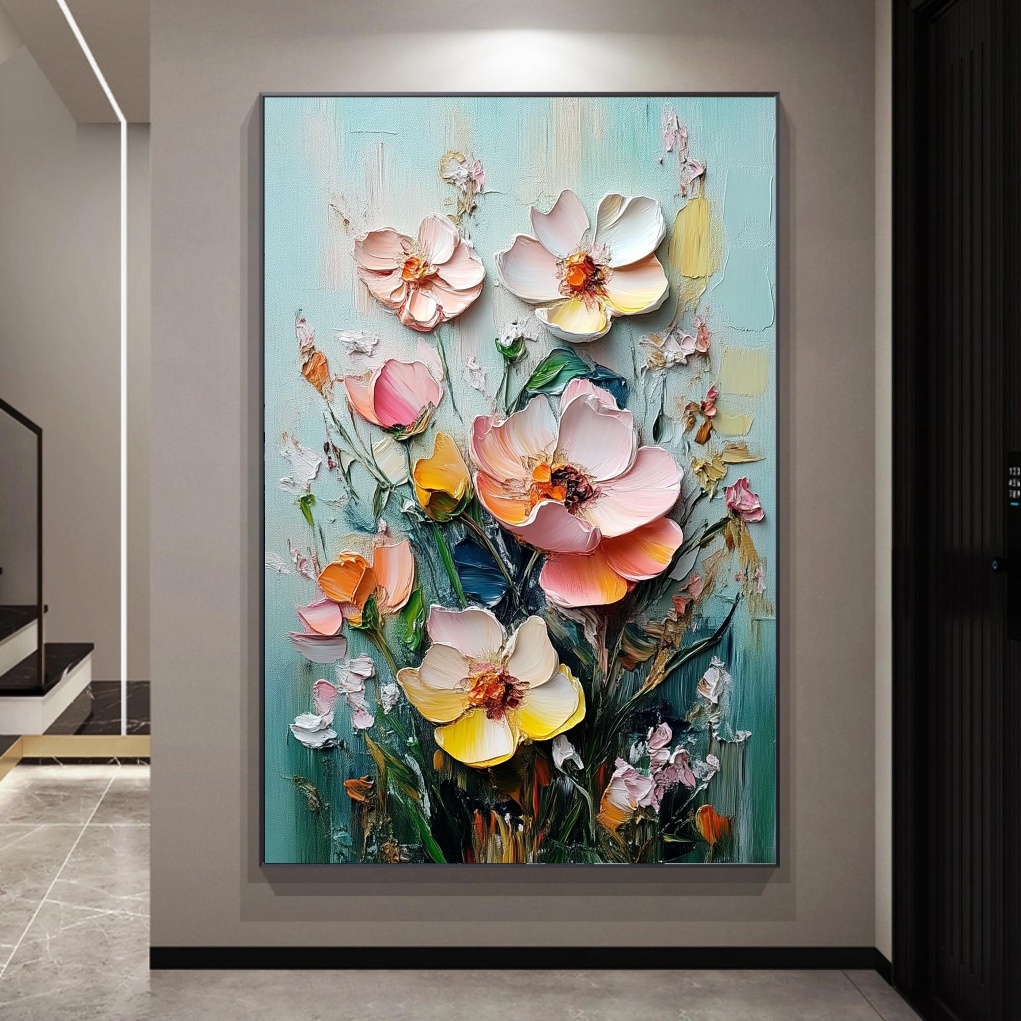 キャンバスに描かれたテクスチャードフラワーの油絵、鮮やかな色彩の花