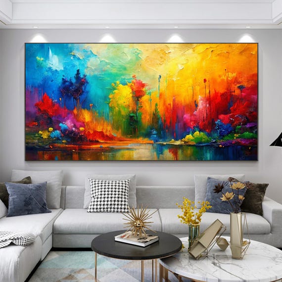 Vibrant Abstract Landscape Painting, Colorful Nature Wall Art, Handmade Textured Tree Canvas Artwork, Modern Forest Reflection Home Decor