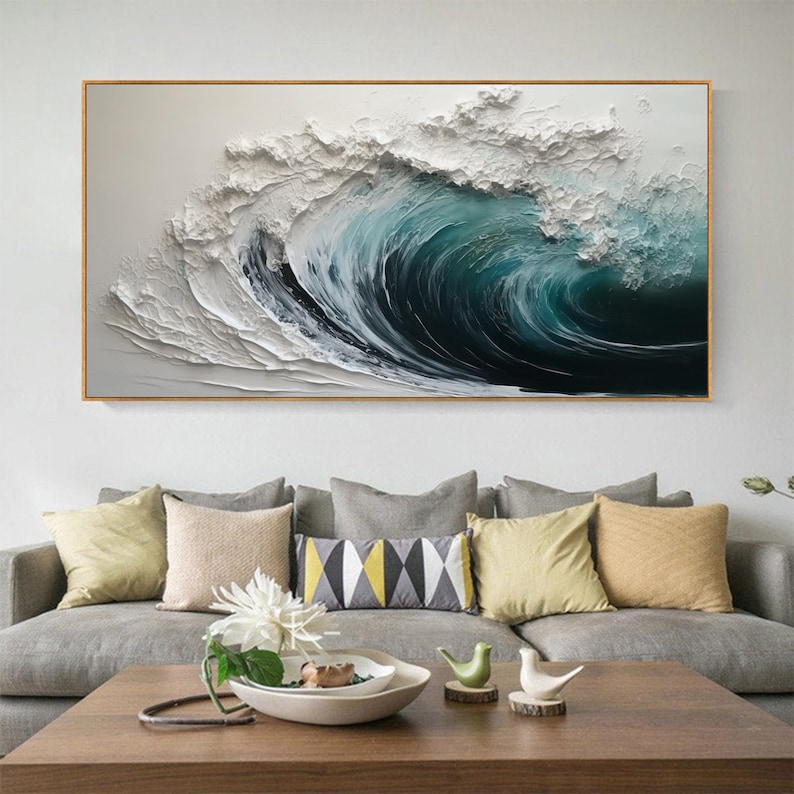 This Hand-painted 3D Textured Ocean Waves Painting captures the dynamic beauty of the sea with abstract impasto white waves. Its bold texture and calming hues create a stunning focal point, perfect for living room or coastal-inspired home décor. A true original seascape wall art piece.