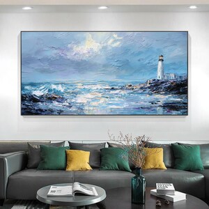 Impasto Textured Lighthouse Oil Painting, Abstract Blue Seascape Wall Art, Original Rocky Coastal Wave On Canvas, Nautical Marine Home Decor