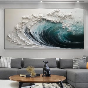 This Hand-painted 3D Textured Ocean Waves Painting captures the dynamic beauty of the sea with abstract impasto white waves. Its bold texture and calming hues create a stunning focal point, perfect for living room or coastal-inspired home décor. A true original seascape wall art piece.