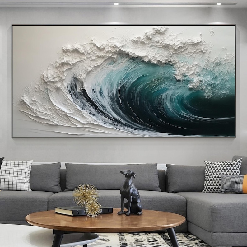 This Hand-painted 3D Textured Ocean Waves Painting captures the dynamic beauty of the sea with abstract impasto white waves. Its bold texture and calming hues create a stunning focal point, perfect for living room or coastal-inspired home décor. A true original seascape wall art piece.