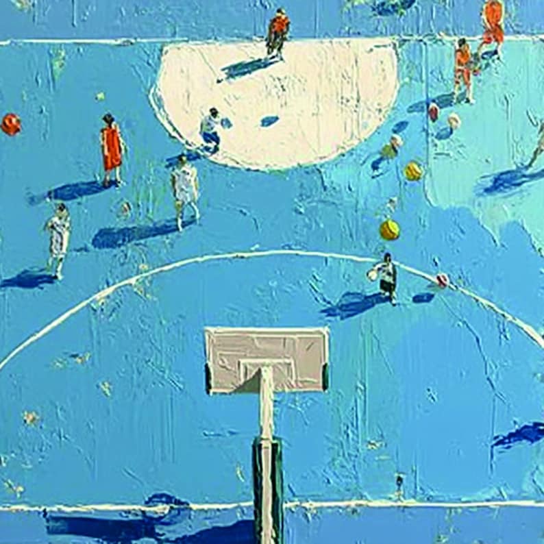 May include: An abstract painting of a basketball court in shades of blue. Players in various colored uniforms are scattered across the court, some dribbling or shooting basketballs. The court features white lines and a basketball hoop.