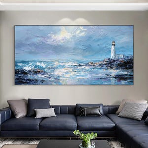 Impasto Textured Lighthouse Oil Painting, Abstract Blue Seascape Wall Art, Original Rocky Coastal Wave On Canvas, Nautical Marine Home Decor