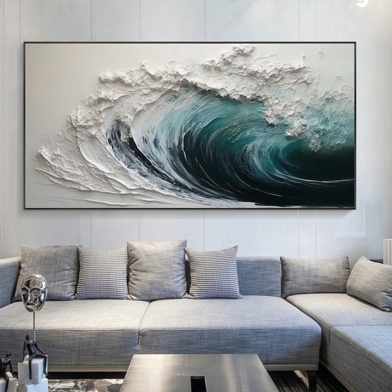 This Hand-painted 3D Textured Ocean Waves Painting captures the dynamic beauty of the sea with abstract impasto white waves. Its bold texture and calming hues create a stunning focal point, perfect for living room or coastal-inspired home décor. A true original seascape wall art piece.