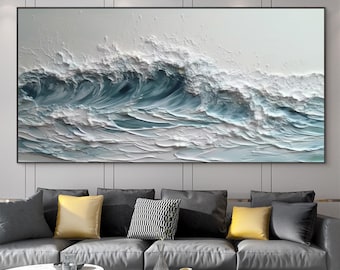 Dipinto a mano, dipinto a olio su tela con onde oceaniche in 3D, dipinto astratto con texture impasto, grande opera d'arte murale, originale decorazione artistica con mare blu.