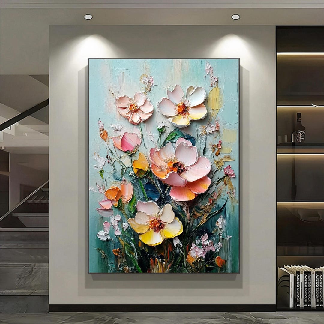 キャンバスに描かれたテクスチャードフラワーの油絵、鮮やかな色彩の花