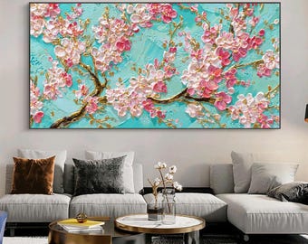 Beautiful Pink Cherry Blossom Oil Painting, Vibrant Teal Floral Wall Art, Textured Gold Branches On Canvas, Elegant Spring Room Home Decor