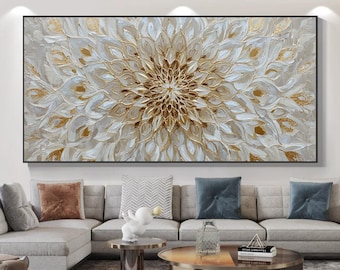 Large White Gold Mandala Oil Painting, Heavy Textured Floral Wall Art, Modern Abstract Impasto Canvas Art, Elegant Neutral Boho Home Decor