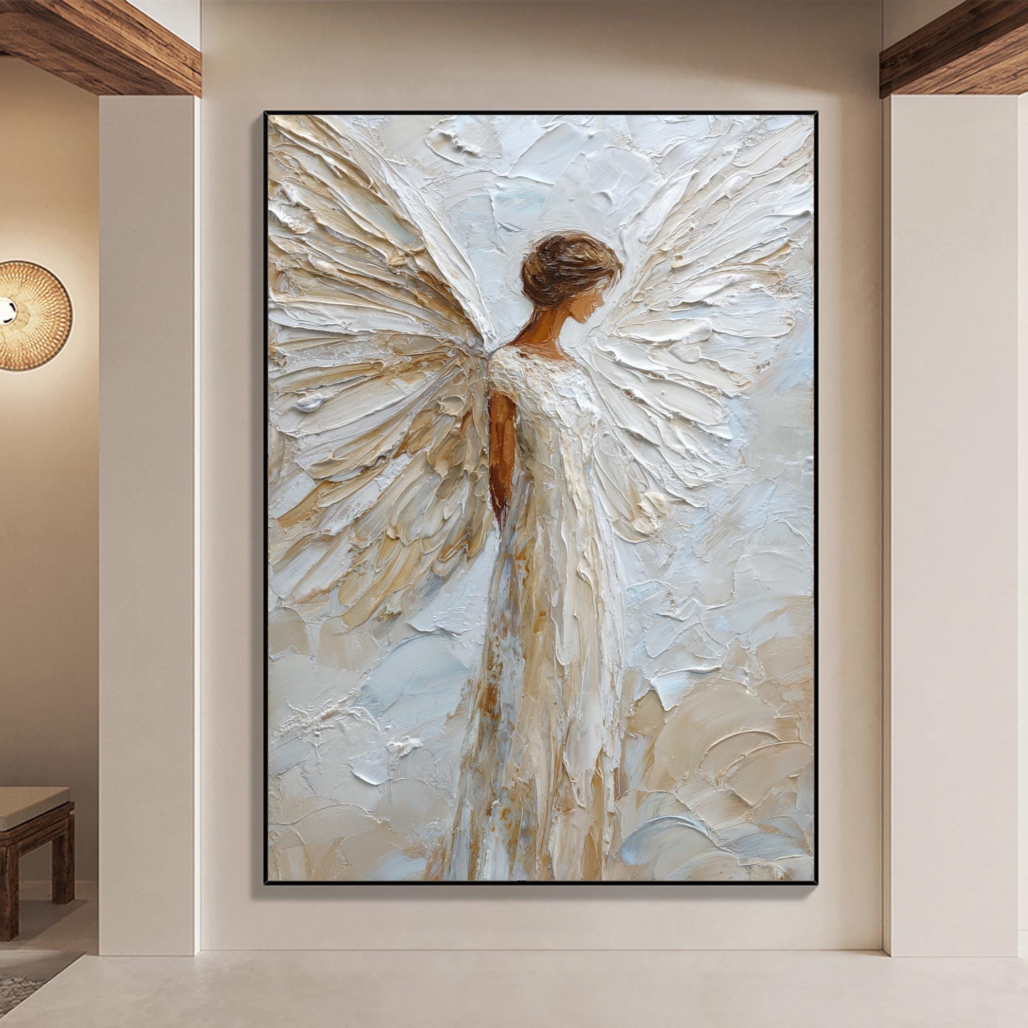 Heavy Impasto Angel Oil Painting, Textured Guardian Spirit Wall Art, Golden Wings Canvas Decor
