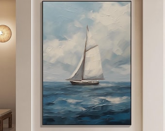 Groot origineel getextureerde zeilbootolieverfschilderij, handgemaakte nautische zeegezicht canvaskunst, blauwe en witte oceaan muurkunst, moderne kustdecor