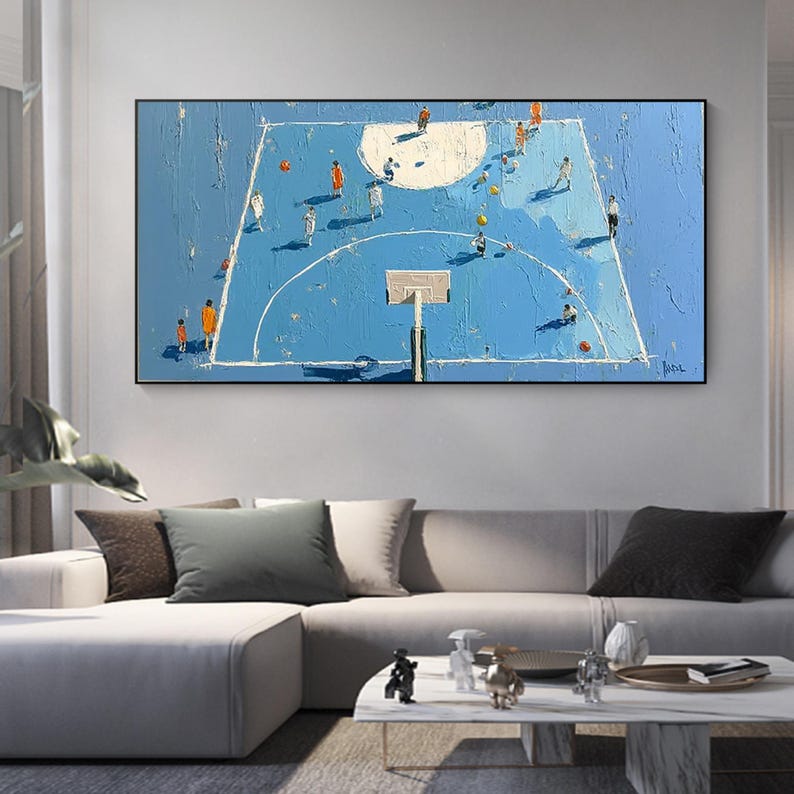 This hand-painted basketball game oil painting captures the energy and excitement of a basketball court. The abstract design brings dynamic movement to your space, making it an ideal wall decor for basketball lovers. A perfect gift for sports enthusiasts to brighten up any room with passion and energy.