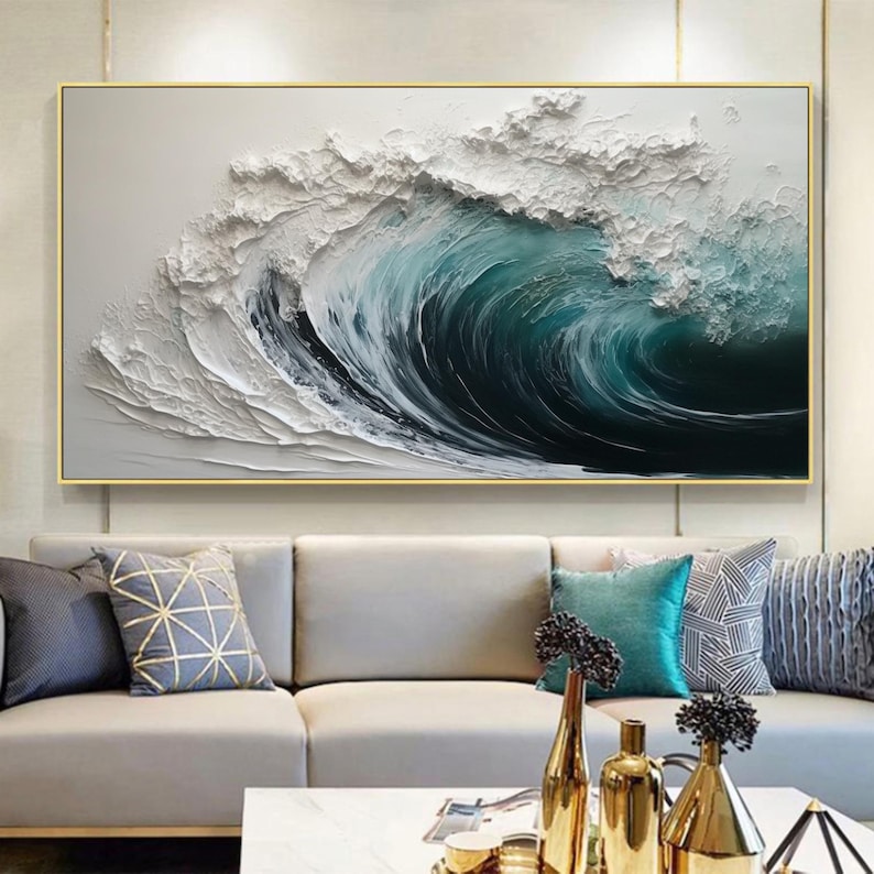 This Hand-painted 3D Textured Ocean Waves Painting captures the dynamic beauty of the sea with abstract impasto white waves. Its bold texture and calming hues create a stunning focal point, perfect for living room or coastal-inspired home décor. A true original seascape wall art piece.