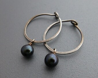 Sterling Silver Hoop Earrings with Freshwater Pearls Hammered Silver Hoops