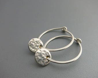 Hoop Earrings  Sterling Silver Thick    Hoops with Fine Silver Hammered Discs