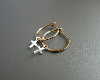 Tiny Silver Cross Hoop Earrings