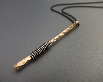 Gold Bar Necklace Long Gold Bar Pendant with Silver Coils