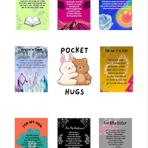 May include: Nine colourful art prints with motivational quotes and illustrations. The prints cover themes like friendship, encouragement, and self-love. Each print has unique text and imagery, suitable for various occasions.