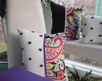 Bohemian Pillow - Purple Pom Pom, Paisley Fabrics 15 inch