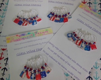 Patriotic Fourth July Wine Charms - Red White and Blue - Wine Jewelry  - Memorial Day - Set of Six - Glass Wine Charms - Pillowscape Designs