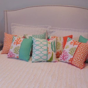 Patina Green Coral Pillow - Coral Sea Life Pillow - Coral Orange Pillow - Orange, Lime Green, Hot Pink, Patina Green - Reversible Pillow