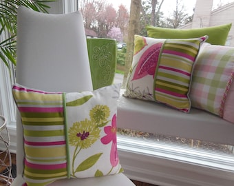 Reversible Linen Flower Pillow - Green Raspberry Stripe Pillow - Dandelion Flower Pod Pillow - Silver Grey Texture Pillow - Pillow 3 Fabrics