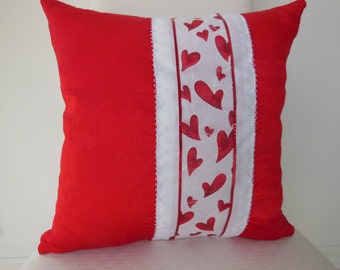 Valentine Pillow - Heart Pillow - Ribbon Pillow - Red Heart Ribbon Design Pillow - Red and White  -  15 x 15 Inch - Pillow Insert Included