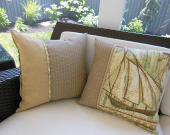 Outdoor Ship Pillow - Beach Pillow - Porch Pillow - Vintage Style - Tan Pillow - Green Pillow - Schooner Pillow - Outdoor Pillow