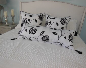 Black Flower Lumbar Pillow w/ Insert - Black White Bedding - 36” Tassel Lumbar - Cushion Bed Decor - Boho Large Lumbar - Black White Pillow