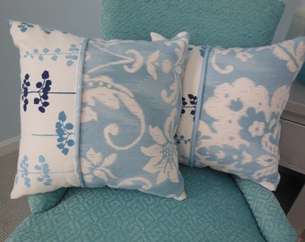 Reversible Pillow - Navy Powder Blue Flower Pillow - Ikat Damask Pillow - Flower Stems -  Satin Chintz or Basketweave Pillow 3 Fabrics