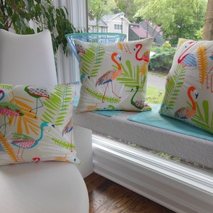 Outdoor Flamingo Pillow - Porch Pillow - Bright Beach Pillow - Orange Pillow - Green Pillow - Turquoise Pillow - Outdoor Pillow Bird Pillow