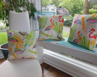 Outdoor Flamingo Pillow - Porch Pillow - Bright Beach Pillow - Orange Pillow - Green Pillow - Turquoise Pillow - Outdoor Pillow Bird Pillow